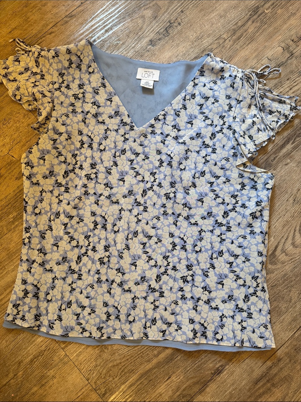 LOFT Light Blue Floral V-Neck Tie-Shoulder Blouse